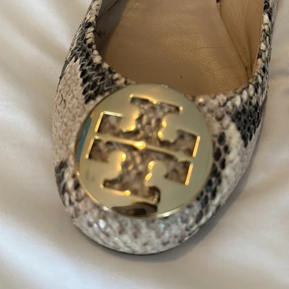 Tory Burch Snakeskin Flats with Gold Logo - Picture 3 of 9